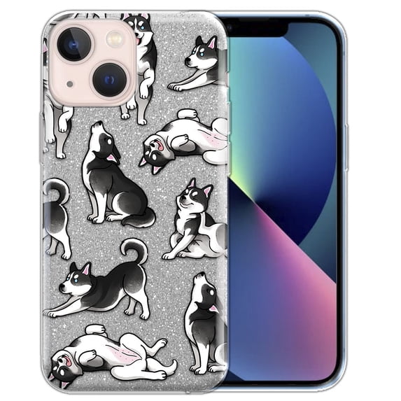 WIRESTER Silver Glitter Case, Sparkle Bling TPU Cover for Apple iPhone 14 6.1" 2022, Siberian Husky Funny Playful Postures