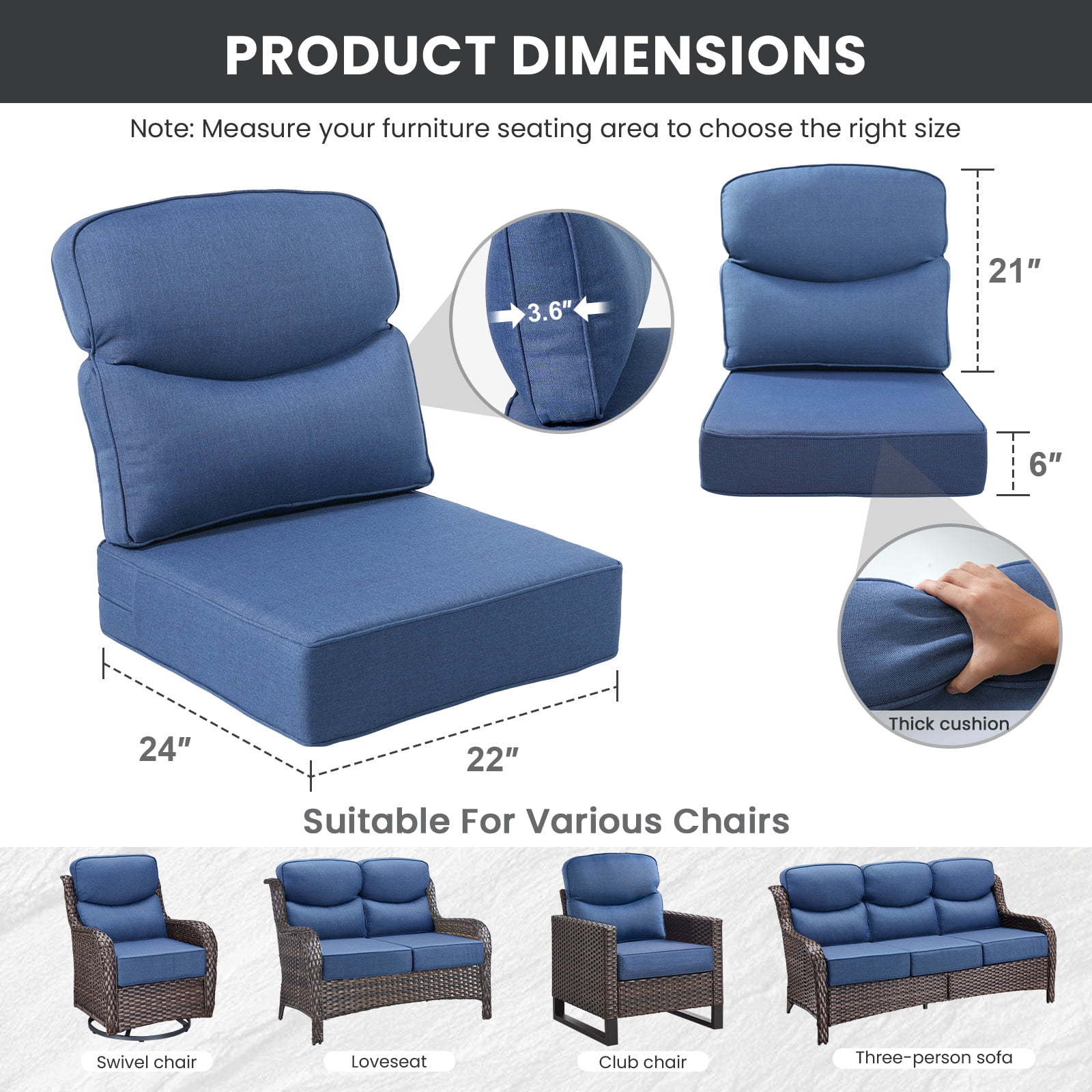 Bellefurn Outdoor Seat Cushions 22 X 24 X 6 inch for Patio Furniture,Outdoor Chair Cushions Outdoor Deep Seat Cushion with Water Resistant & Removable Cover Patio Cushions for Wicker Chair,Sofa,Couch