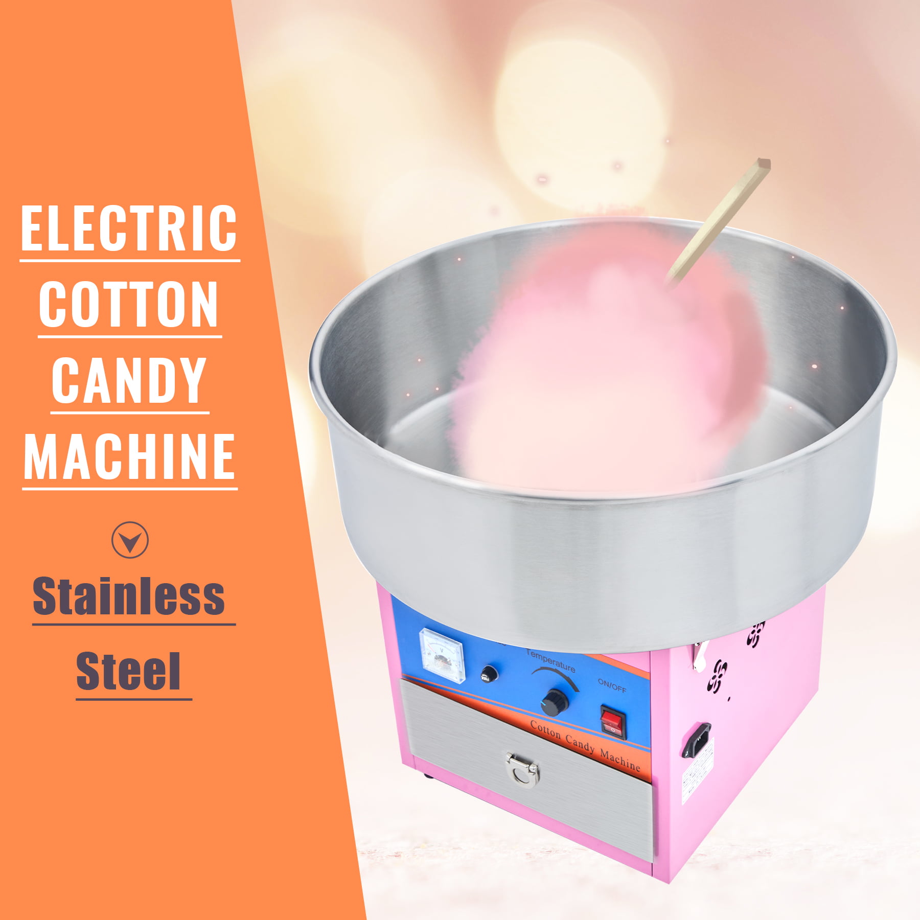 110V 1000W Electric Commercial Cotton Candy Floss Maker With Sugar Scoop Blue 20.5 Inch Large Cotton Candy Machine Staniless Steel Drawer & Anti-overheating Fuse For Kids Party Birthday Christmas 