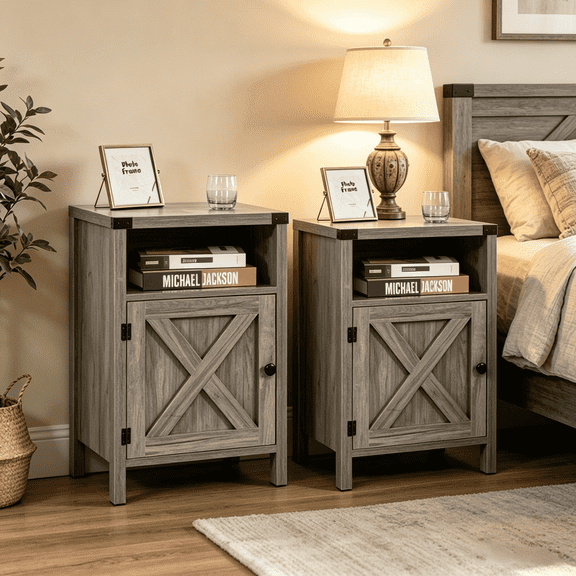 Catrimown Farmhouse End Table for Living Room Set of 2, Side Table Nightstand for Living Room Bedroom, Gray