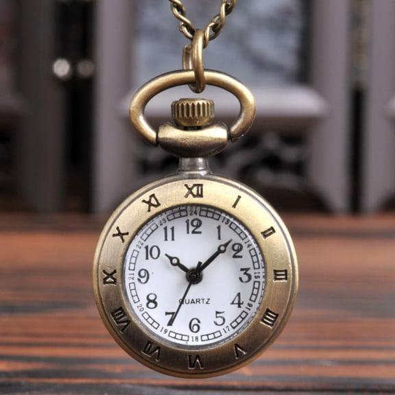 Small Roman Pocket Watch Bronze Single Shell Quartz Timepiece with White Dial Classic Pendant Clock for Men Women Gift