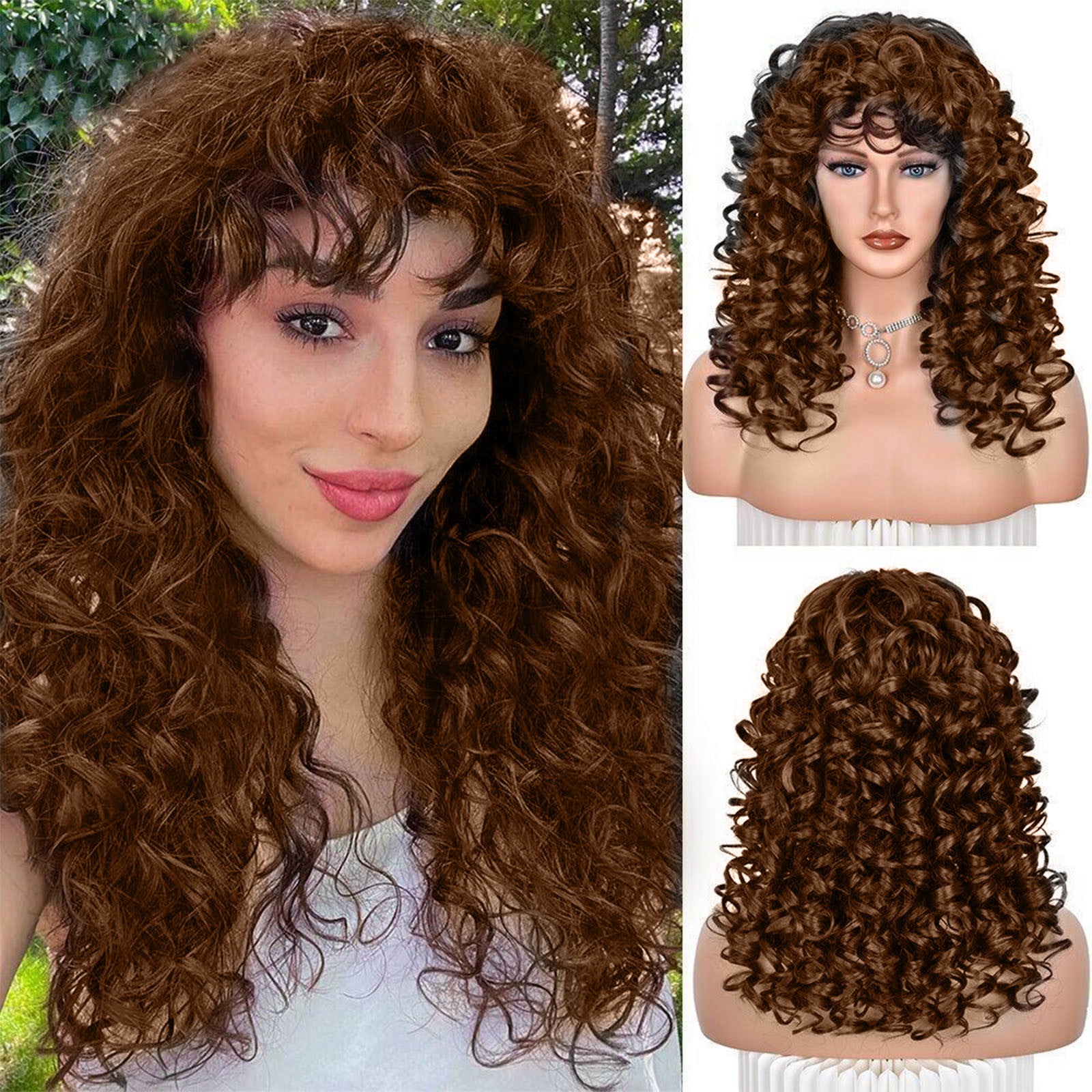 YSGFHGJW Human Hair Wig,Long Curly Wig With Bangs Hair Wig For Women Synthetic Natural Wig Various Colors Available Daily Wear Party And Cosplay Soft Wig,Coffee
