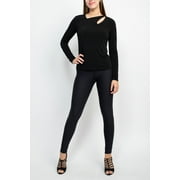 Catherine Malandrino Asymmetrical Cutout Neck Long Sleeve Solid Crepe Top-BLACK / L