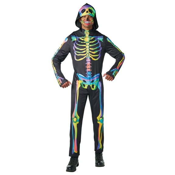 Seasons Rainbow Skeleton Costume with Hood for Man, Black-Light Responsive, Halloween Cosplay Costume