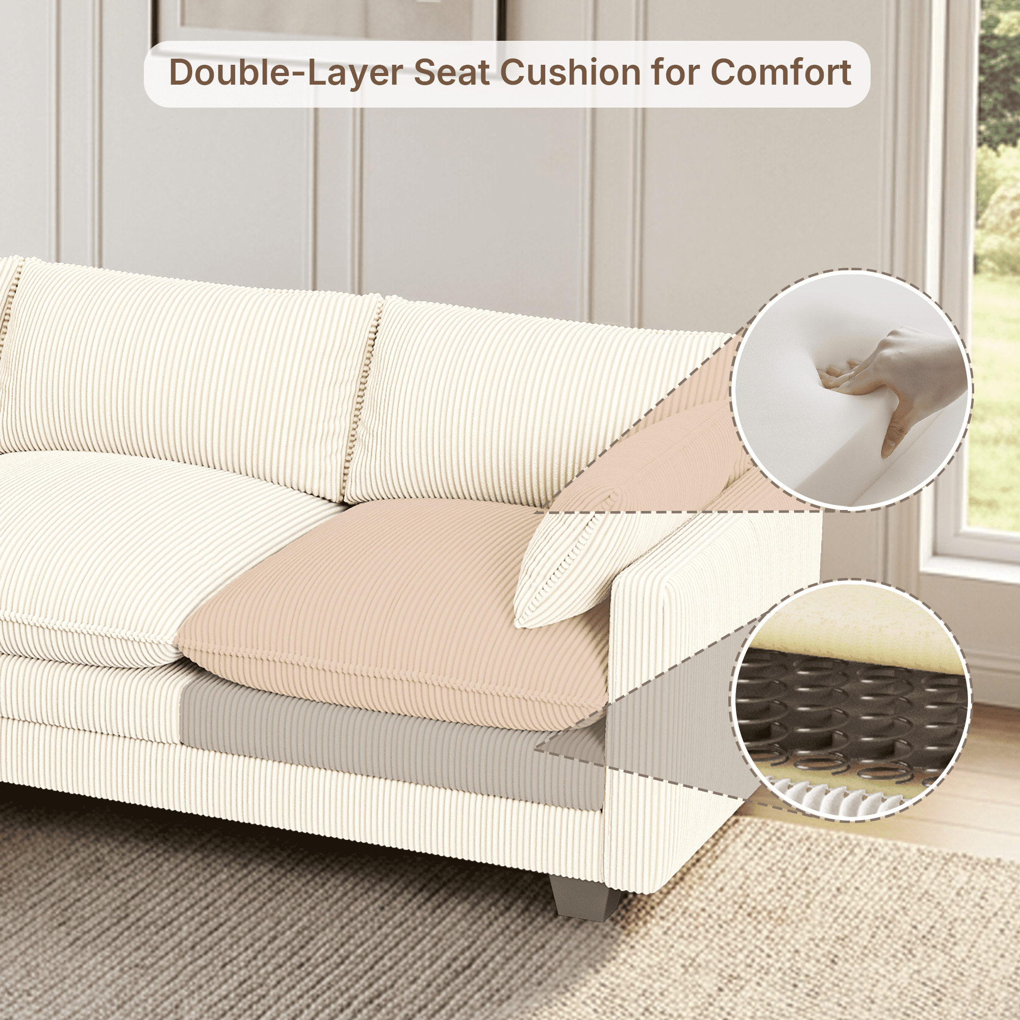 110" Cloud Couches for Living Room, Noelse 3 Seater Cloud Sofa with Double Layer Cushion and Deep Seat, Cream Couch with Washable Cover, Corduroy Fabric, Beige