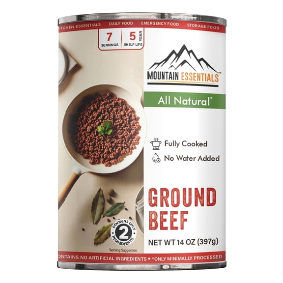 (Pack of 1) MOUNTAIN ESSENTIALS Fully Cooked Ready-to-Eat Ground Beef 14 Oz All Natural, No Water Added, Recipe Ready Perfect for Quick Meals, Emergency Food, Daily Survival, and No Preservatives