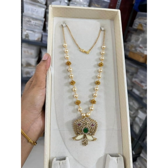 South Indian Bollywood Gold Plated AD CZ Ruby & Green Stone Swarovski Pearl Chain Haram Necklace Set with Matching Drop Earrings