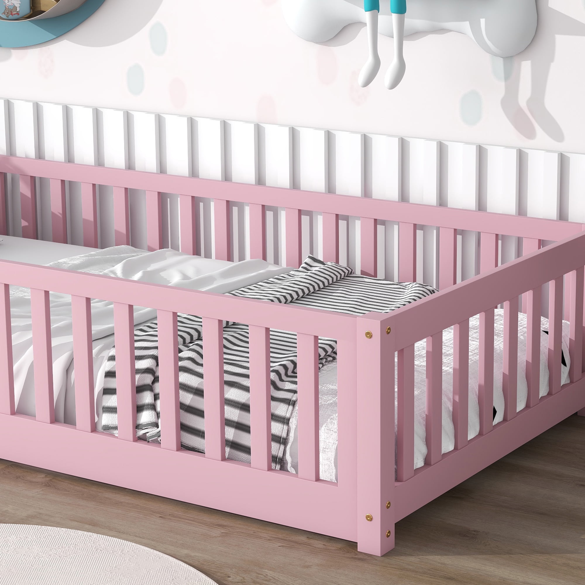 Miniyam Kids Floor Bed Frame with Rails, Montessori Platform Bed with Slats for Nursery, Pink