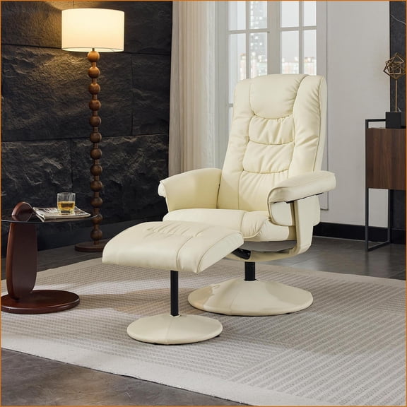 Recliner Chair with Ottoman, 360° Swivel Massage Heated PU Leather Recliner for Living Room/Home Theater, Beige | PU Leather | 360° Swivel