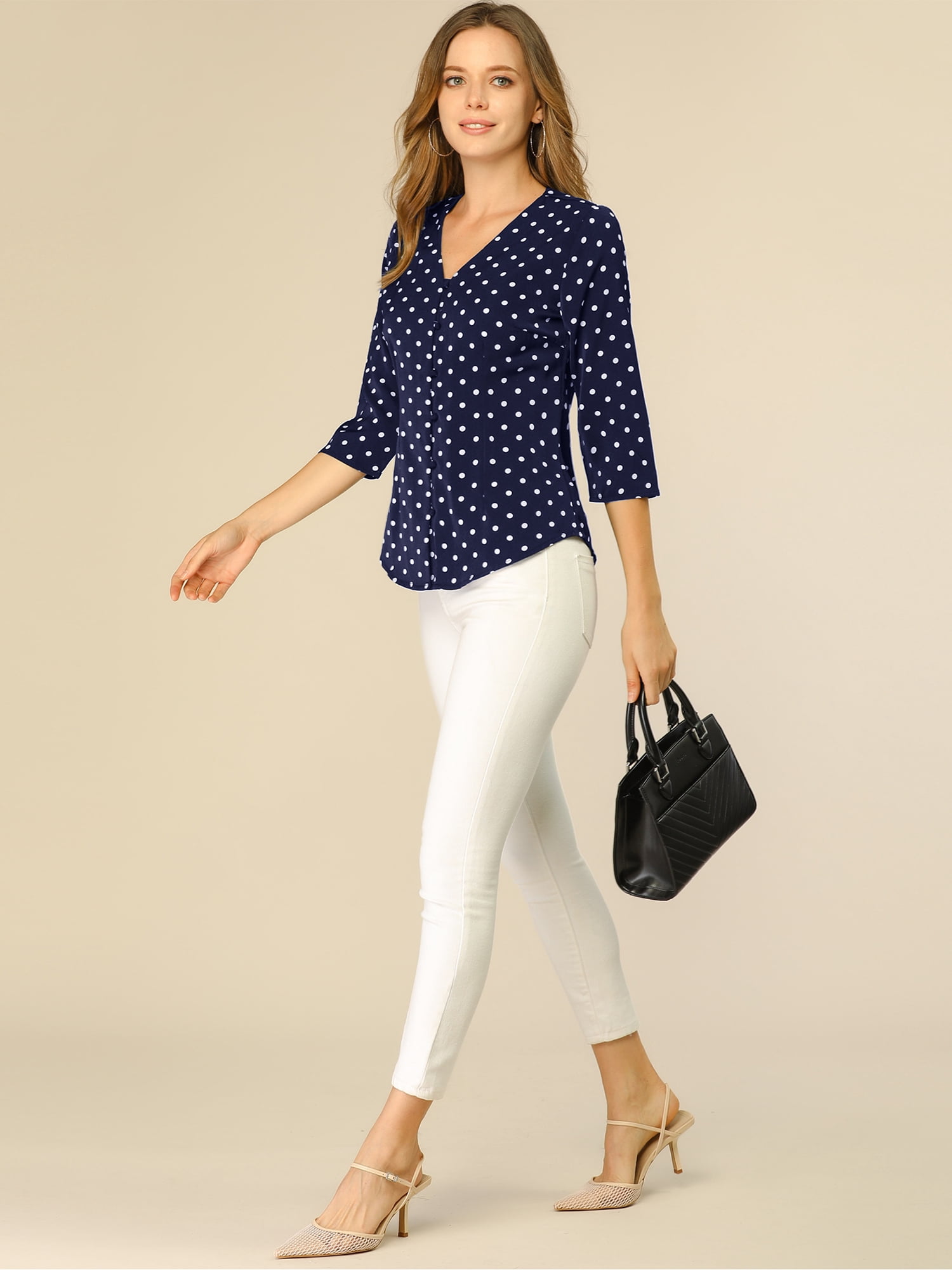 DARING DIVA Women's V Neck Polka Dots 3/4 Sleeve Casual Button Blouse 3XL Dark Blue