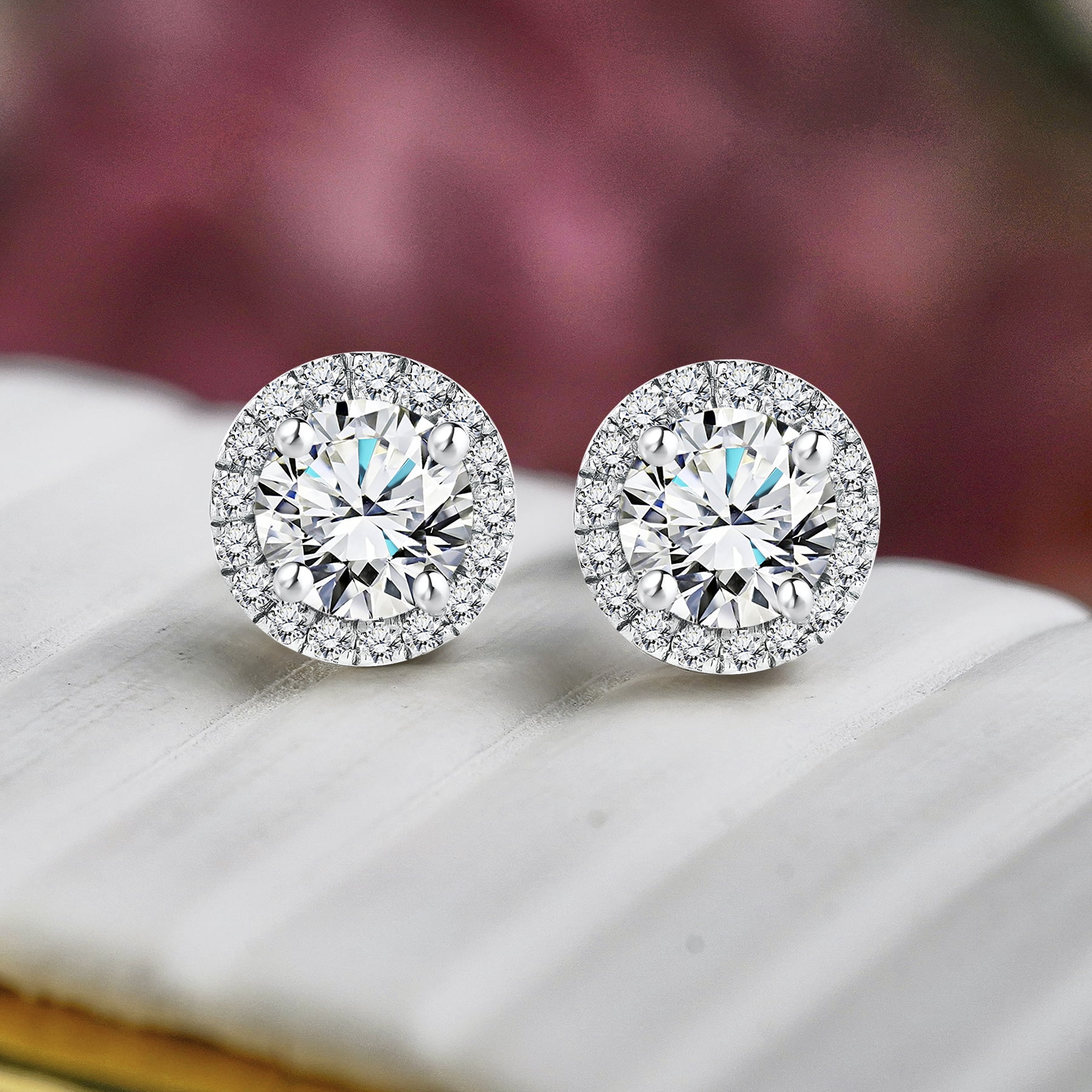 JeenMata Lab Grown Diamond 1 Carat Round Brilliant Cut Halo Stud Earrings in 18K White Gold Plating for Women