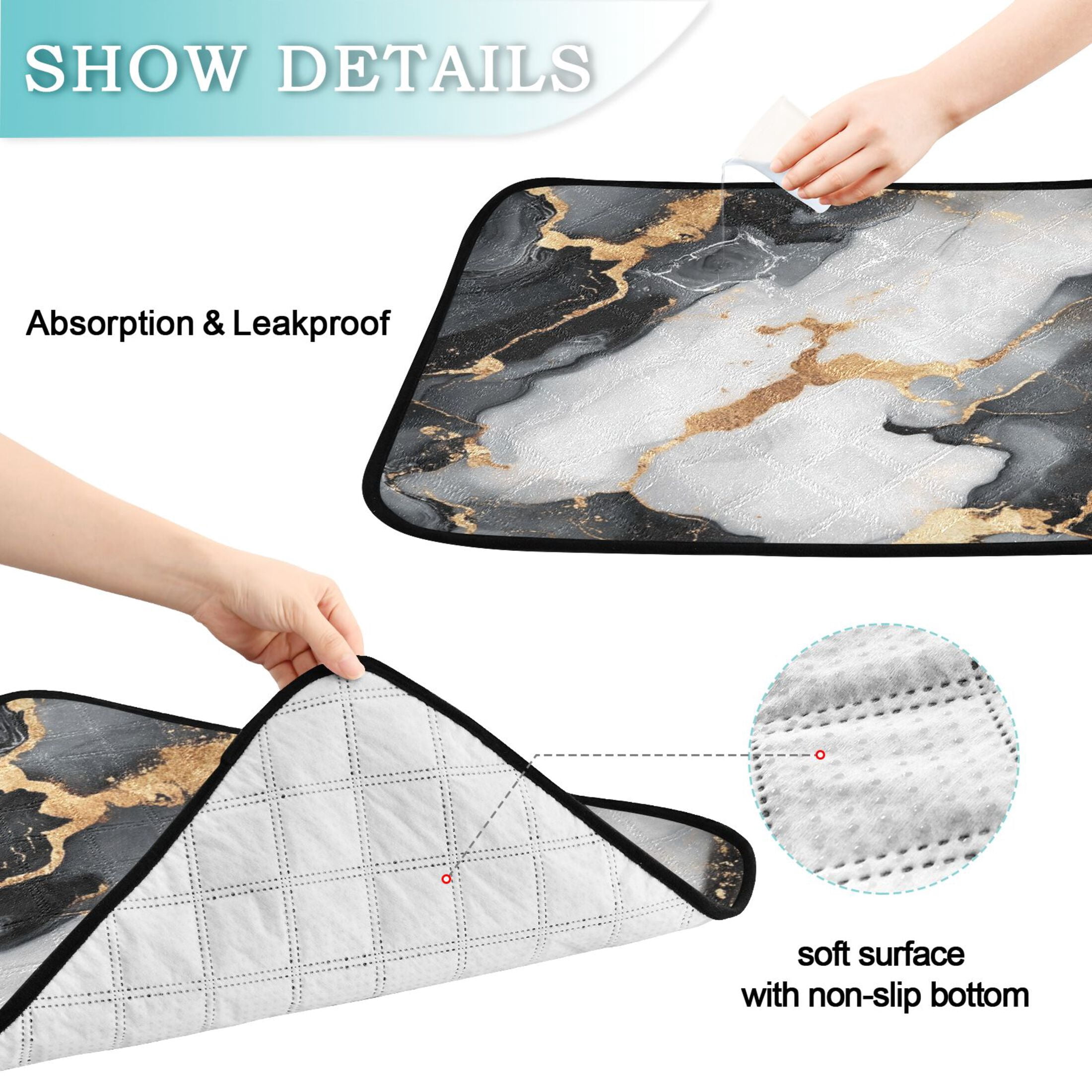 Qxltty Gilt Black Marble Cat litter Pads Pet Set of 3 Diaper Mats Center Anti-leakage Layer Absorbent Soft and Comfortable