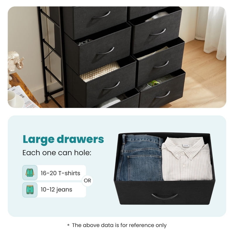 Kelno 10 Drawer Fabric Dresser Storage Tower Chest Organizer with Wood Top Steel Frame, Black