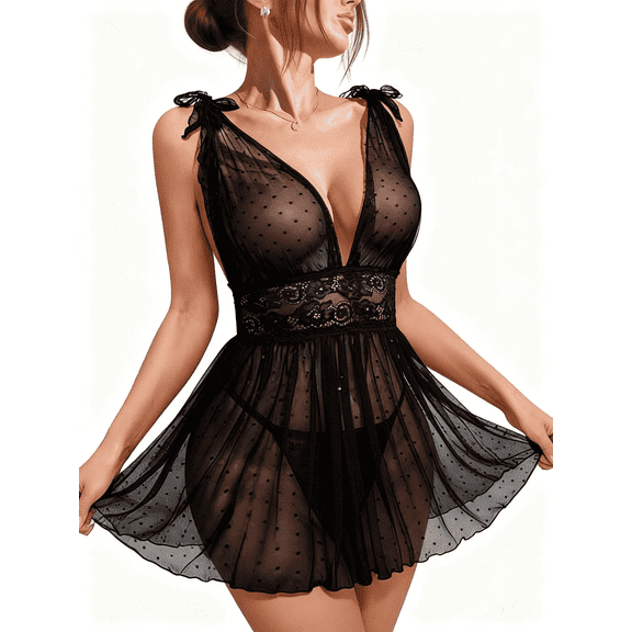 ValueVibe Lingerie for Women Sexy Polka Dots Lace Sheer Mesh Babydoll Nighty 2 piece Lingerie Sets, Black XL