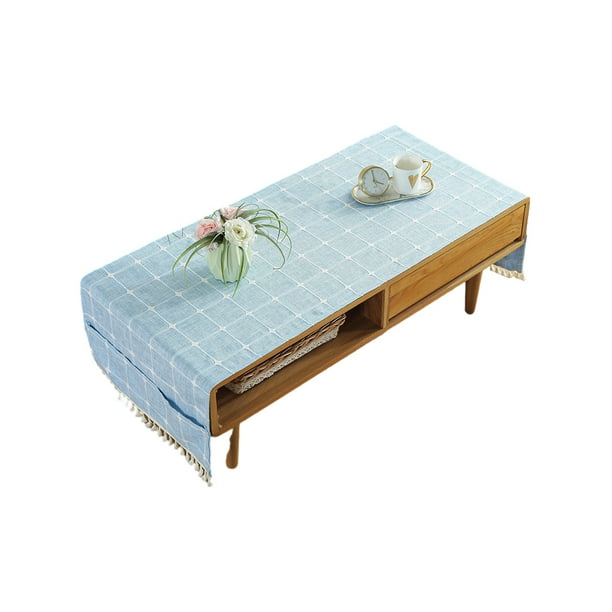 Inteprter Mantel de lino y algodón resistente a las manchas, alfombrilla de estilo nórdico, alfombrilla con flecos para escritorio, mantel para Decoración del hogar bordado/azul claro 60*160 cm