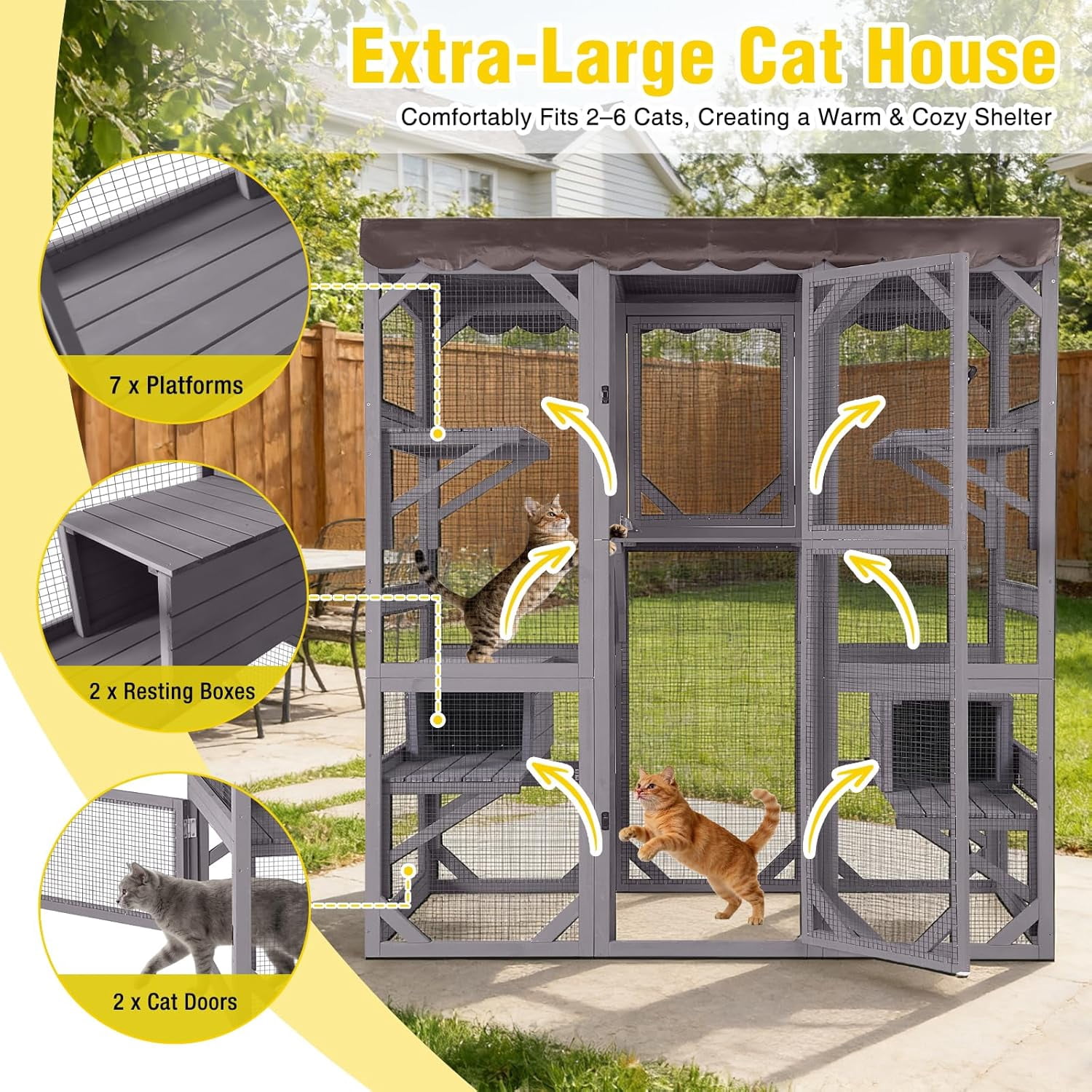 MEDEHOO Catio Cat Enclosure Large Window Cat House for Outdoor Cats, Walk-in Kitty Cage with Tarp Roof, 7 Platforms, 2 Resting Boxes, Indestructible Feral Cat Shelter for Backyard - Grey