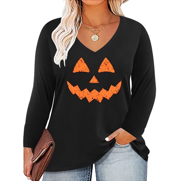 TIYOMI Plus Size Tops For Women Black V Neck T Shirt Halloween Long Sleeve Ghost Face Casual Blouses Tee Fall Winter Shirts (XL-5XL)