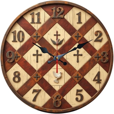 SBEMP10 Inch Silent Wall Clock, Vintage Wood Cross Dove Decorative Wall Clock, Battery Operated Non-Ticking Round Clock for Living Room Bedroom Church Home Decor