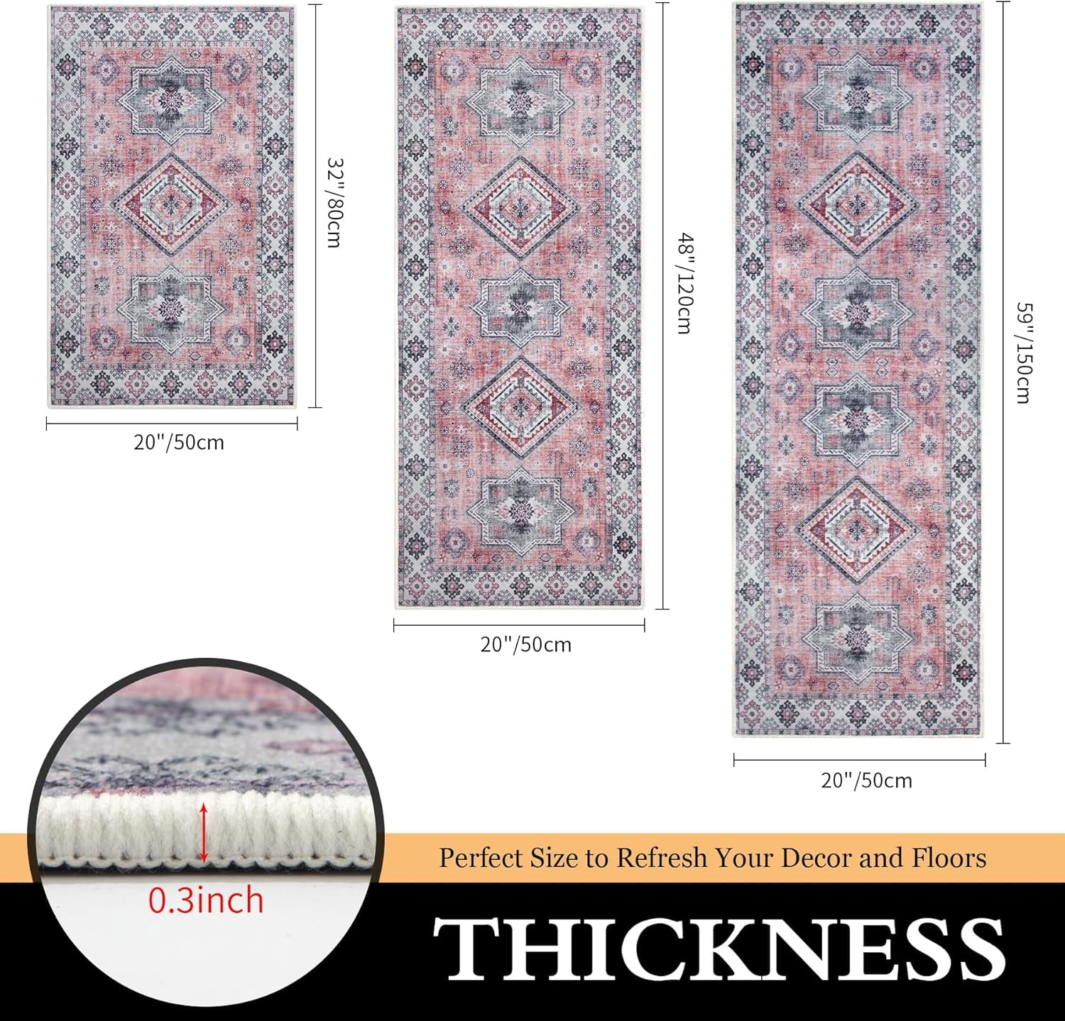 Kitchen Rugs Sets of 3 Non Slip Washable Kitchen Mats for Floor 3 Piece Set Pink Kitchen Mat Set Boho Runner Rug Carpets for Kitchen Hallway Sink Front Door Laundry Room