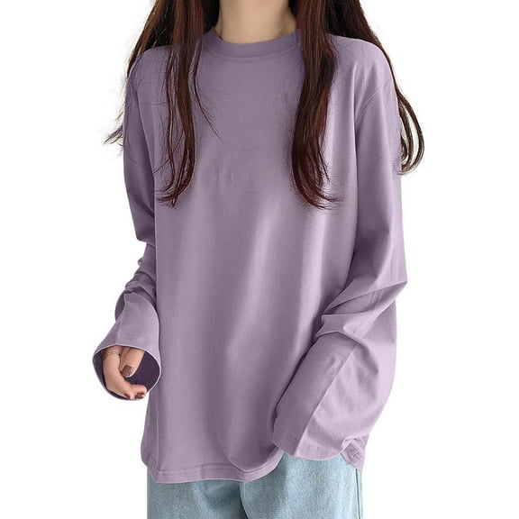 larppty Womens Crewneck Long Sleeve Shirts - Loose Fitted Basic Casual Tees Outfits（Light Purple，L）