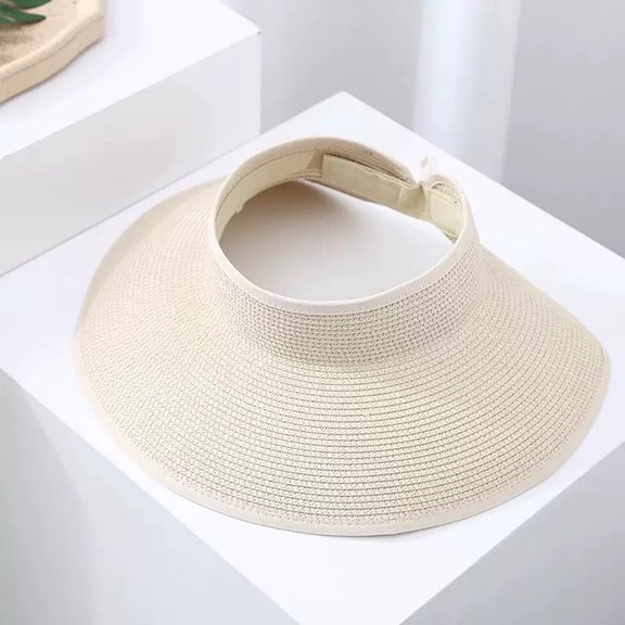 Women Packable Straw Sun Visor Hat,Wide Brim Hollow Top Ponytail Visor,Lightweight Roll‑Up Beach Visor,Breathable Outdoor Sun Hat for Travel,Vacation,Daily Casual Wear Beige