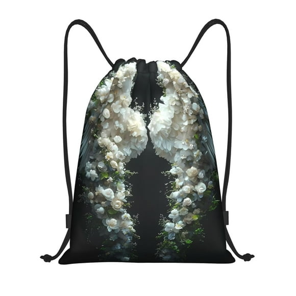 Lsque Floral Angelic White Wings Print Drawstring Backpack Bag Sport Gym Sackpack Cinch Bags Drawstring Bags Draw String Sport Bag-Small