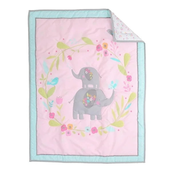 Sweet Baba Luxury 4 PC Pink Elephant Crib Bedding Set for Baby Girl,Microfiber Printed Nursery Bedding Set with Comforter/Skirt/Crib Sheet/Blanket