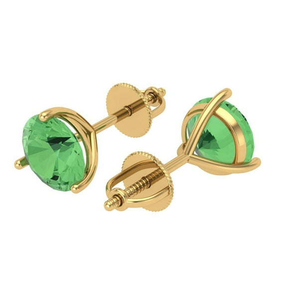 4 Ct Round Cut Studs Green Crystal 18K Yellow Solid Gold Everyday Dainty Earrings Screw Back
