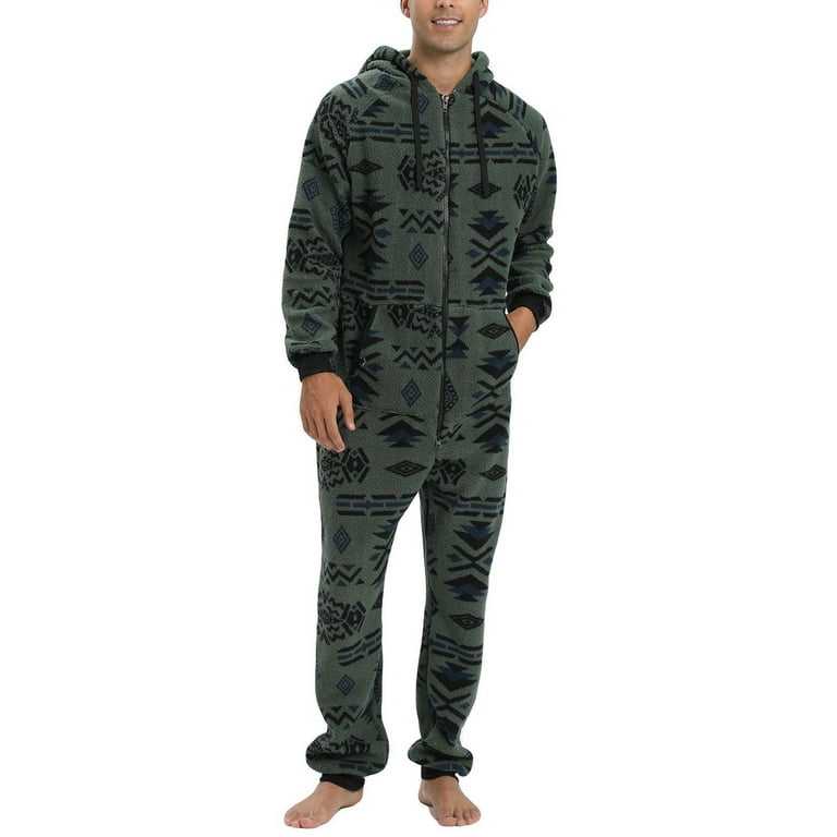 Men s Hooded Onesie Pajamas Adult One Piece Pjs Zip Up Jumpsuit Warm Full Zipper Long Sleeve Long Pants Thick Thermal Lounge Fuzzy Fleece Fall Winter Sleepwear Dark Green X Large Walmart