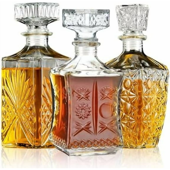 Whiskey Decanter Set of 3, Premium Crystal Spirits Decanter for Scotch, Bourbon, Vodka & Whisky, Ideal Barware & Gift for Men (28oz*2, 31oz*1)