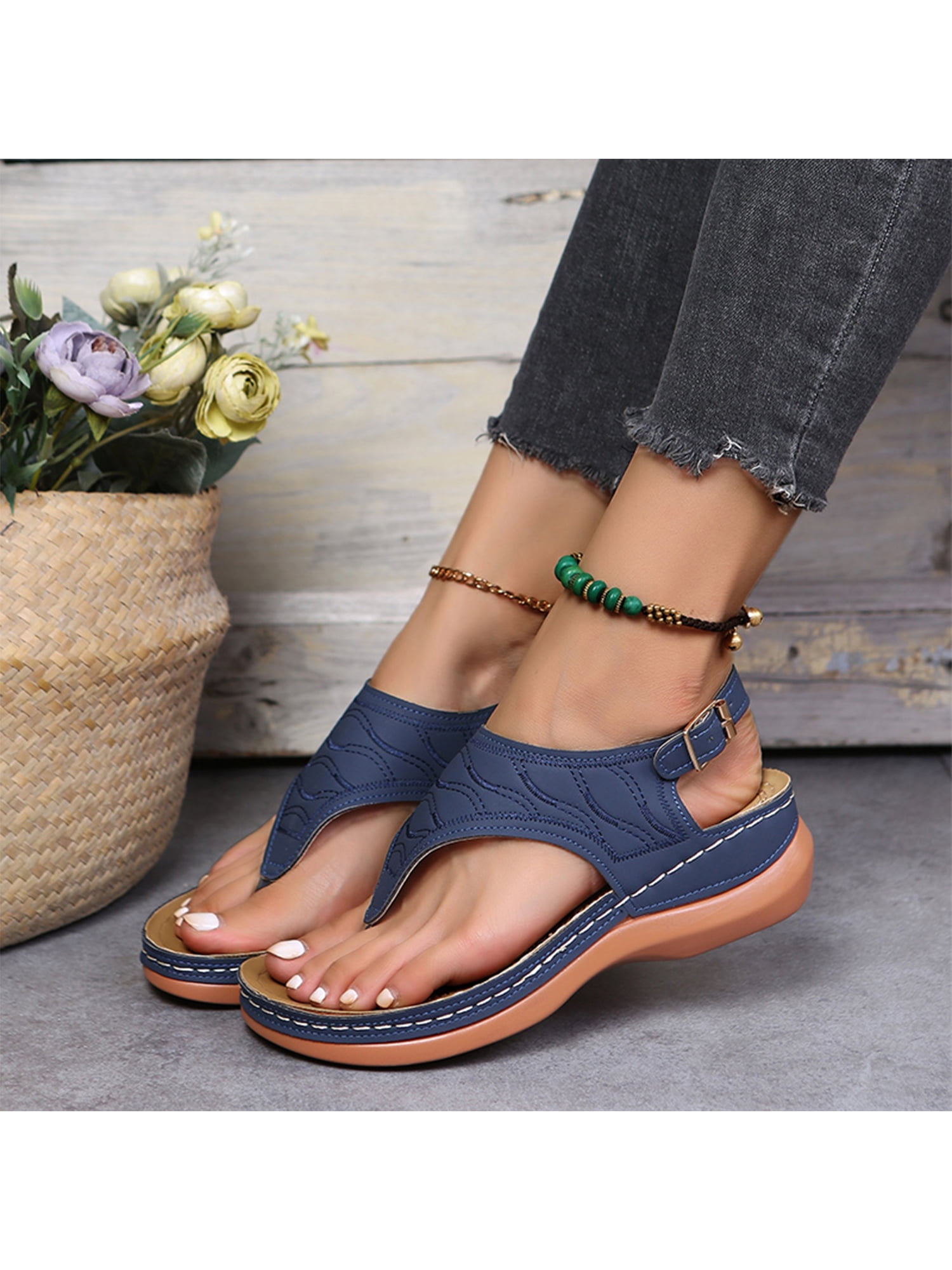 Wedges Sandals for Women Casual Wedges Slide Sandals for Women T Strap Flip Flops Sandals Summer Female Thick Bottom Casual Roman Bow Slippers