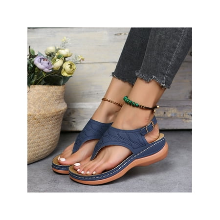 

Sanviglor Lady Shoes Wedge Flip Flop Open Toe Sandals Work Soft Breathable Thong Sandal Comfortable Roman Style Navy Blue 7