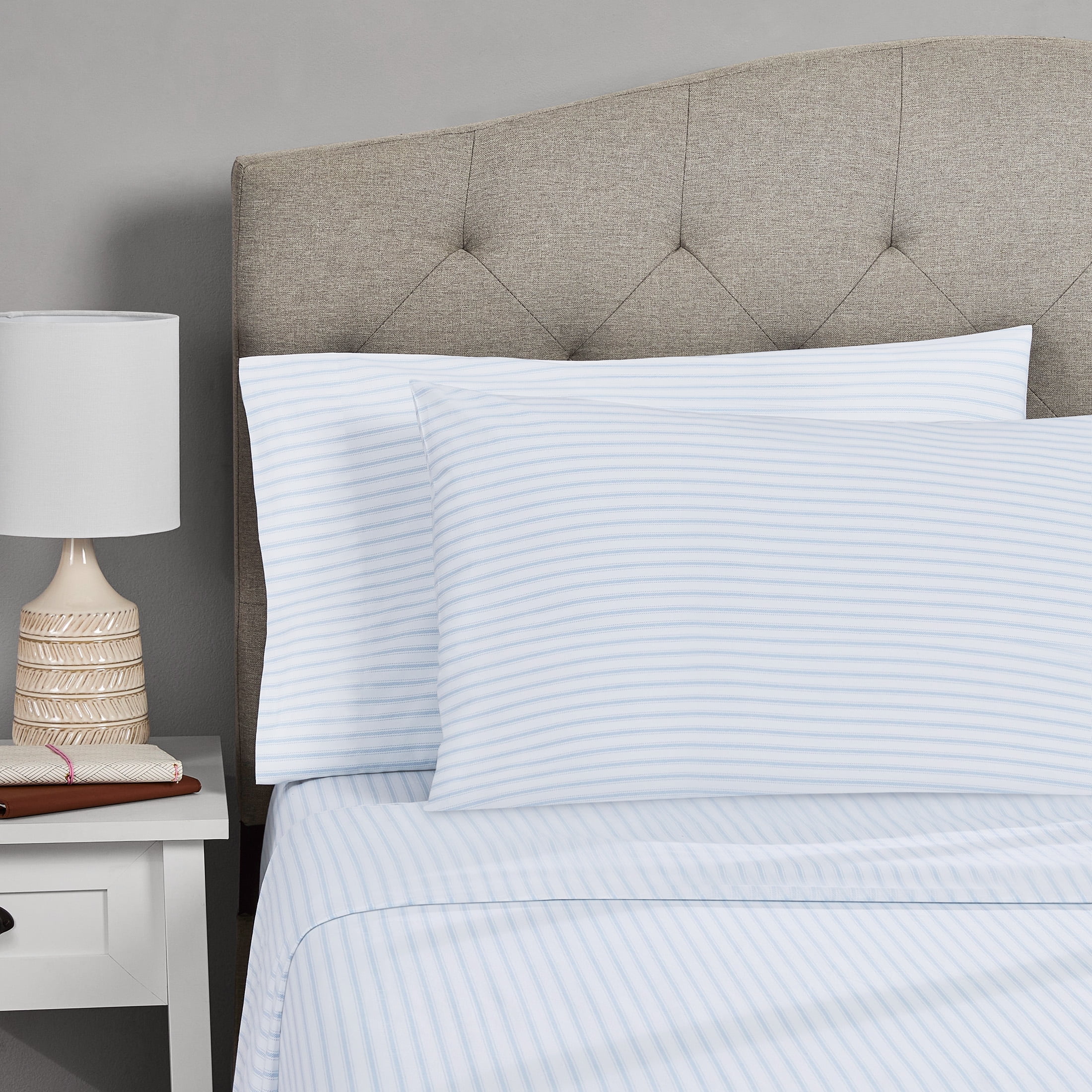 Mainstays 4-Piece 300 Thread Count Blue Stripe Cotton Blend Percale Bed Sheet Set, Full