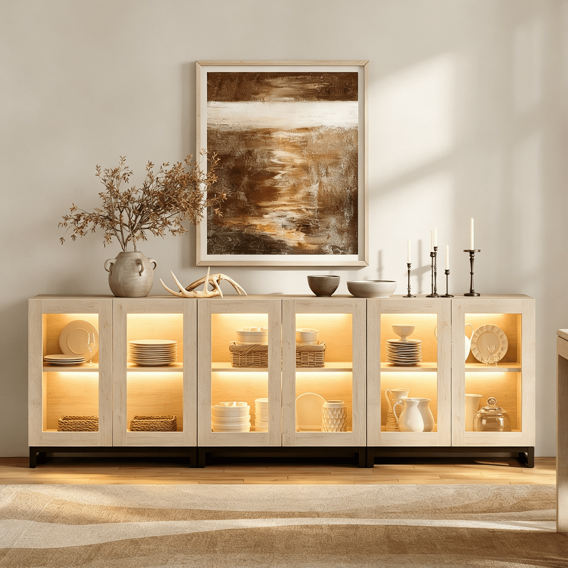 Modern Sideboard Buffet Cabinet with Glass Door & Drawer, Adjustable Shelf Credenza, Coffee Bar Storage Cabinet for Living Room & Kitchen,Beige
