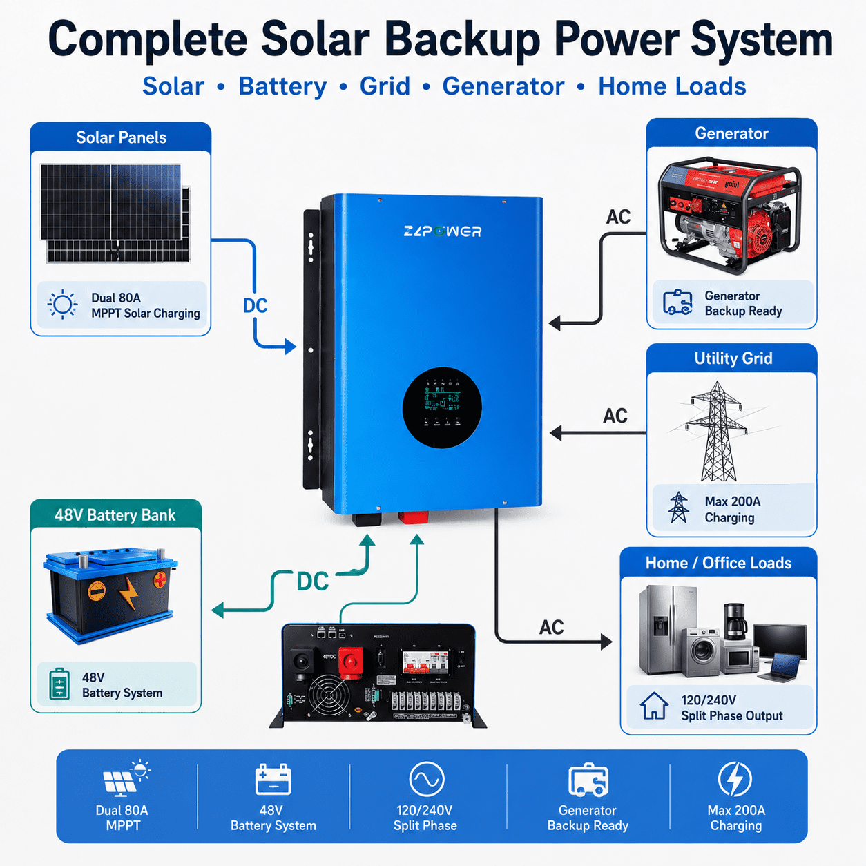 ZLPOWER 10KW 48V Hybrid Solar Inverter Charger - 120/240V Split Phase Pure Sine Wave, UL1741 Certified, 30000W Peak, Dual MPPT, Off-Grid for Home Business & Emergency Backup
