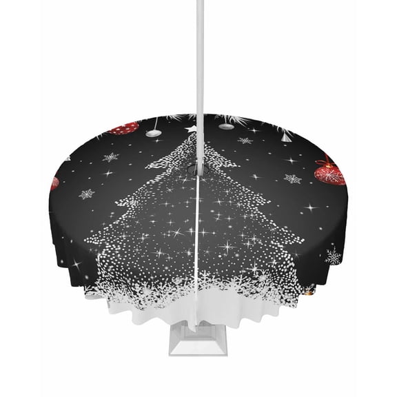 Boanket Outdoor Tablecloth with Umbrella Hole for Patio/Picnic/Party/Camping, Black Christmas Waterproof Table Cloth Round Cover Washable, Xmas Tree Snowflake Red Balls (Dia 54")