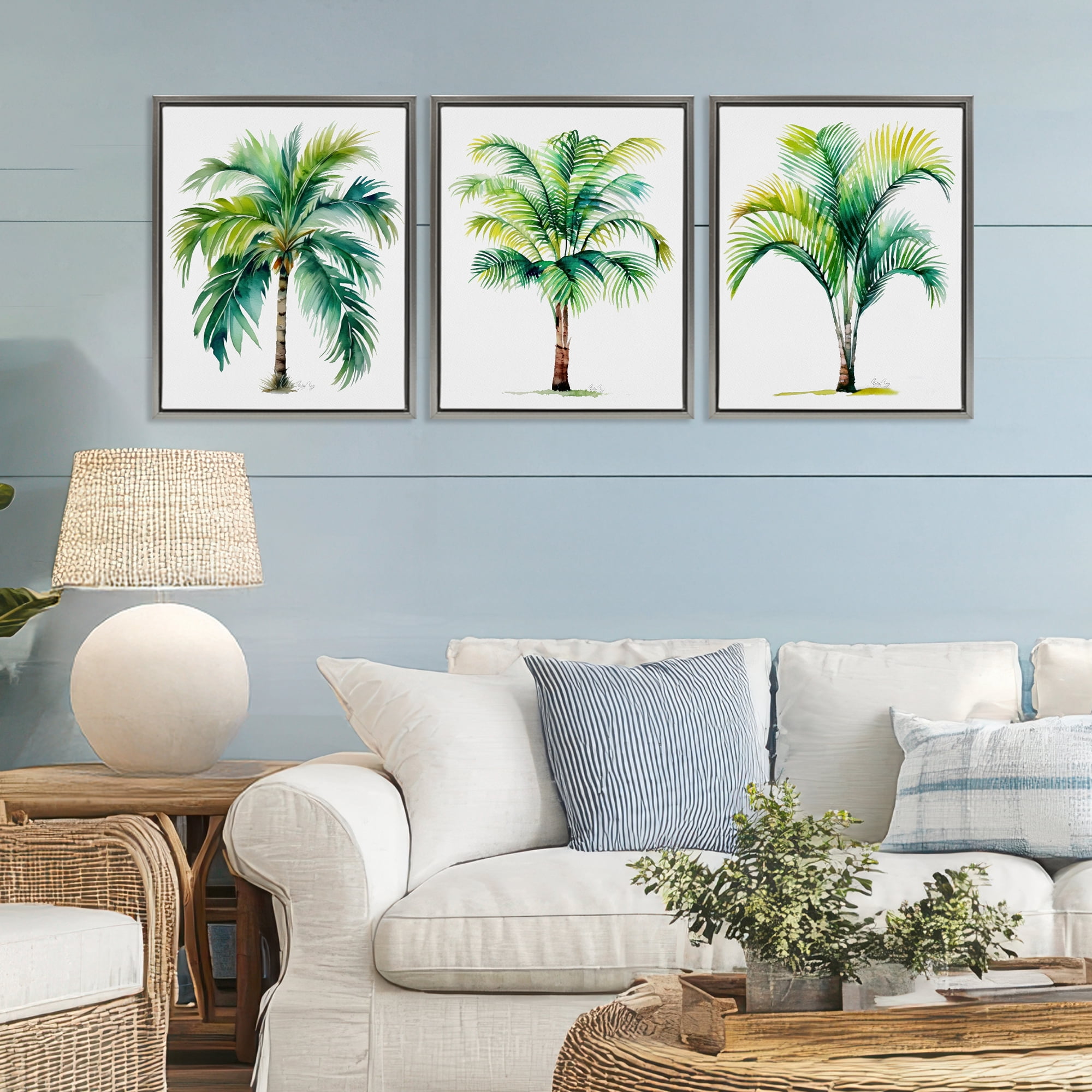 Stupell Industries Exotic Lagoon Palms 3 Piece Gray Framed Floater Canvas Set, design by Shelly Craig