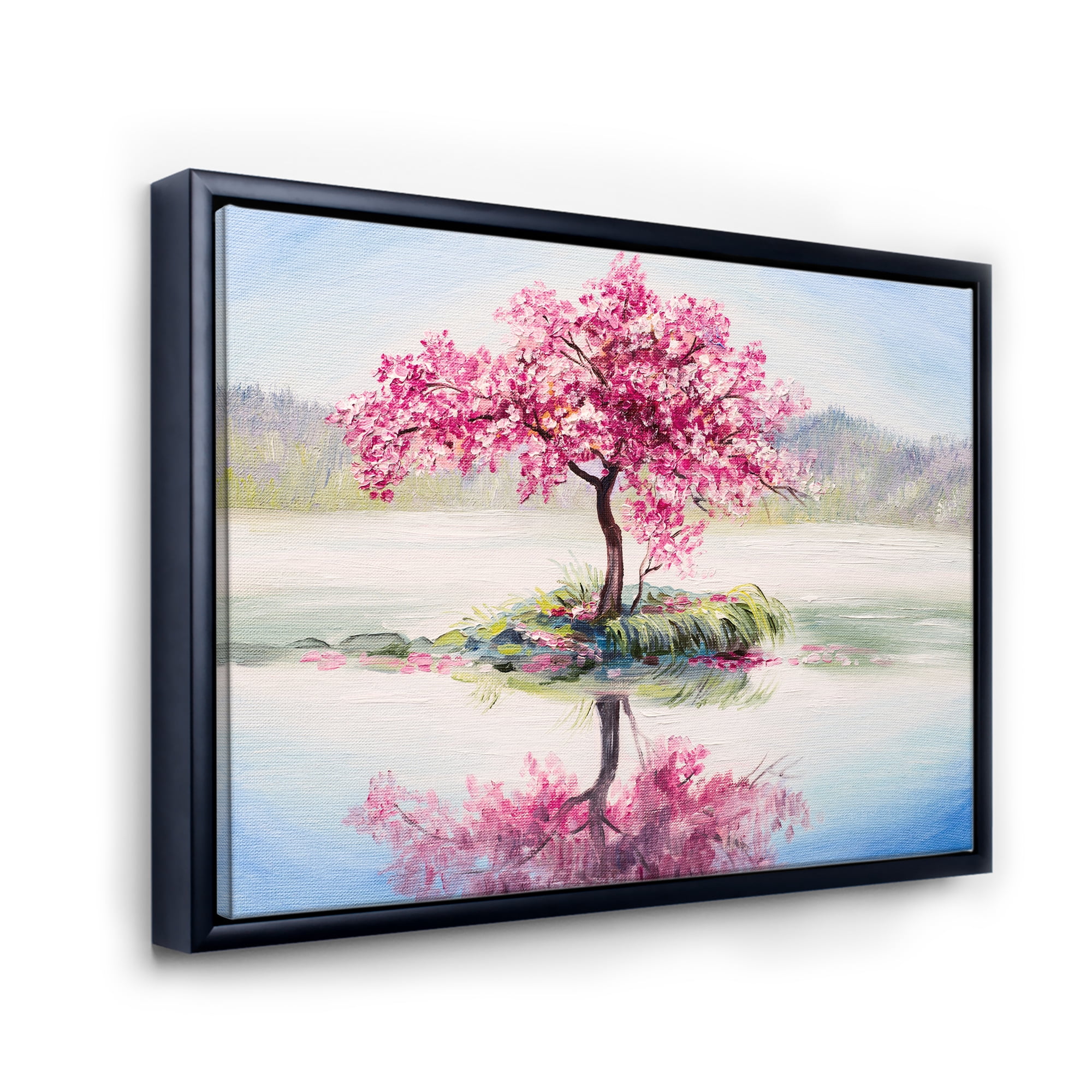 Designart 'Oriental Cherry Pink Tree Sakura On The Lake' Lake House Framed Canvas Wall Art Print