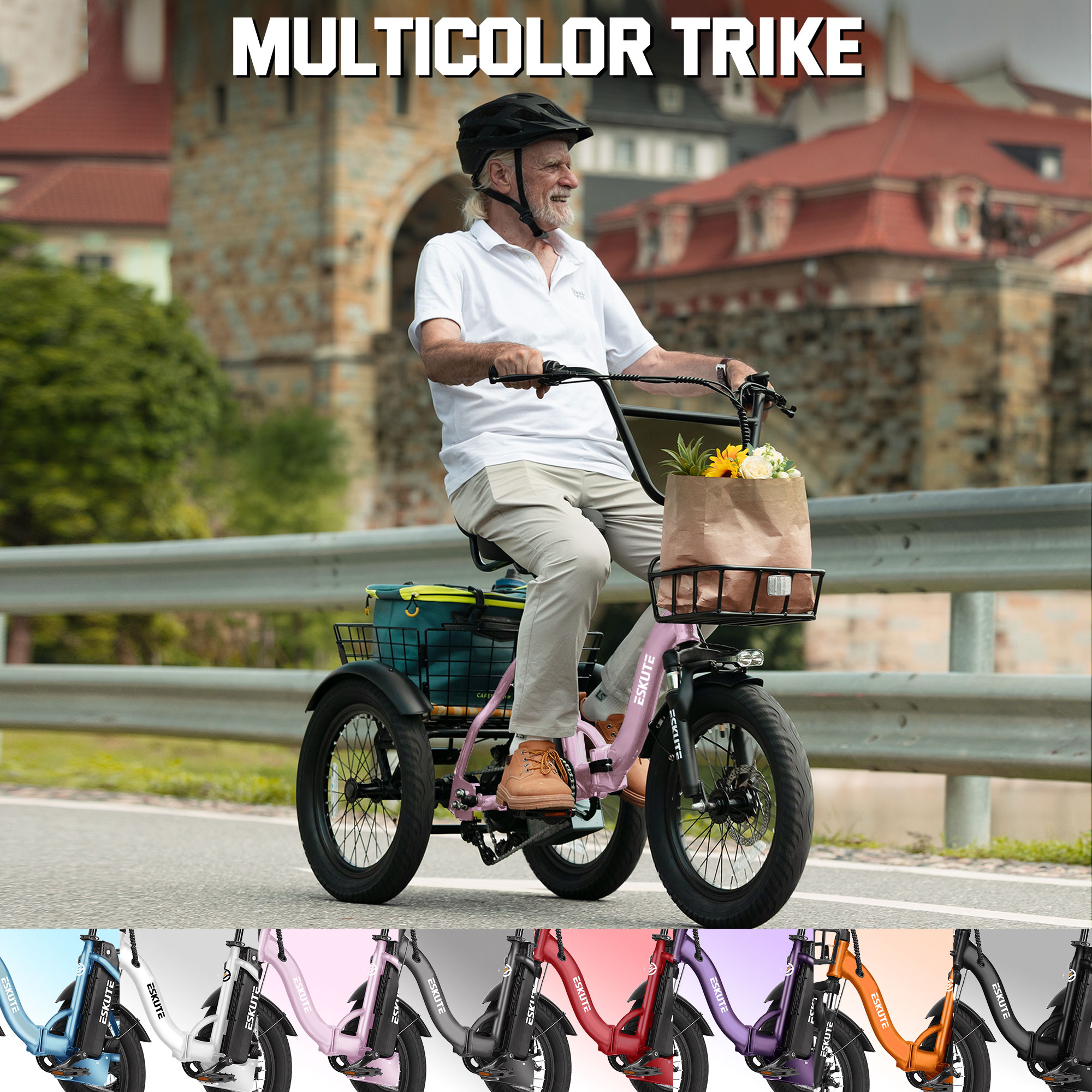 ESKUTE Pink E Trike Electric Bike, Peak 1200W Brushless Motor Folding Trike 18X3.0 Fat Tire Ebike, 499Wh Removable Battery, Step-Thru 3 Wheel Electric Bicycle, 48V 13AH 18MPH+ Tricycle for Adults