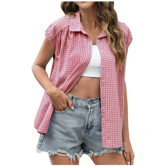 ABATAB Summer Tops for Women Casual Button Down Lapel Neck Short Cap Sleeve Shirts Plaid Shirt Blouses