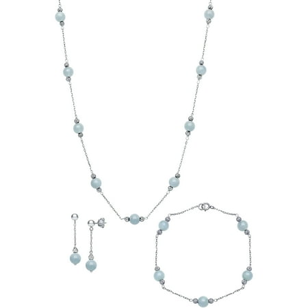 Aquamarine Jewelry - Natural Milky Aquamarine Station Tin Cup Link Necklace,Bracelet, and Drop Earring Jewelry Set