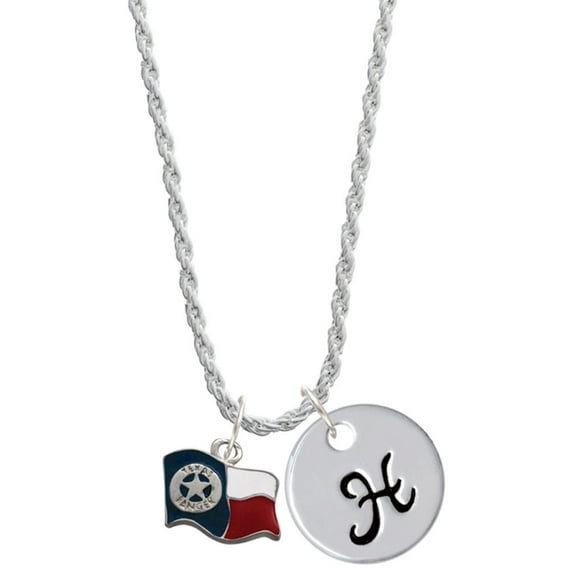 Delight Jewelry Silvertone Texas Flag - Ranger Silvertone Script Initial Disc - H - Charm Necklace, 20"+3"