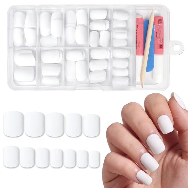 Bellelfin Uñas postizas adhesivas cortas cuadradas mate blancas, 120 piezas