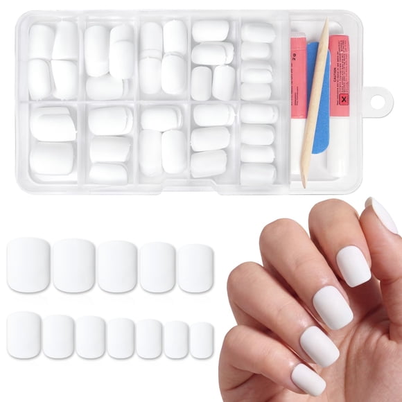 Bellelfin Uñas postizas adhesivas cortas cuadradas mate blancas, 120 piezas