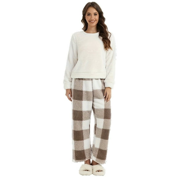 ZEFORTEX Winter coral wool plaid round-neck long-sleeved long pants pajama set for women