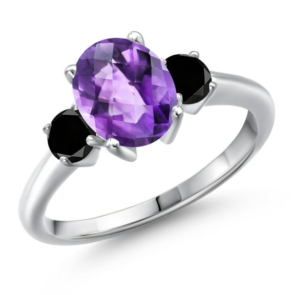 Gem Stone King 925 Sterling Silver Purple Amethyst and Black Diamond Engagement Ring for Women | 2.04 Cttw | Oval Checkerboard 9X7MM | Gemstone February Birthstone | Size 6