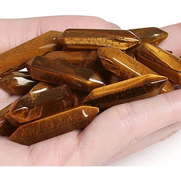 20PCS Tigers Eye Healing Crystals Wands Polished Natural Hexagonal Pointed Stones Reiki Energy Crystal Set Meditation Crystal Grid