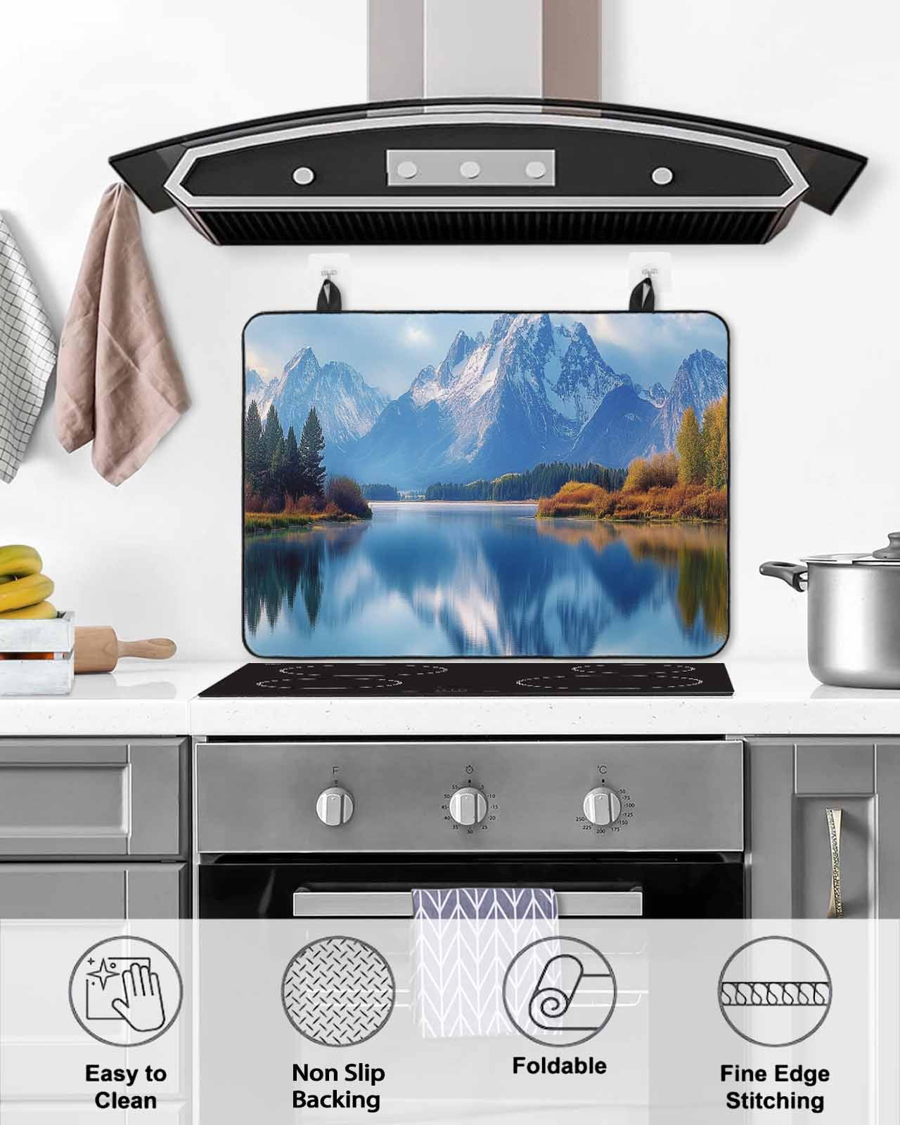 nqOlkjepod Large Induction Cooktop Protector Mat 36"x21", Blue Mountain Stove Top Covers for Electric Stove, Modern Art Farmhouse Forest Decorative Stove Burner Cover Mats, Glass Top Stove Cover