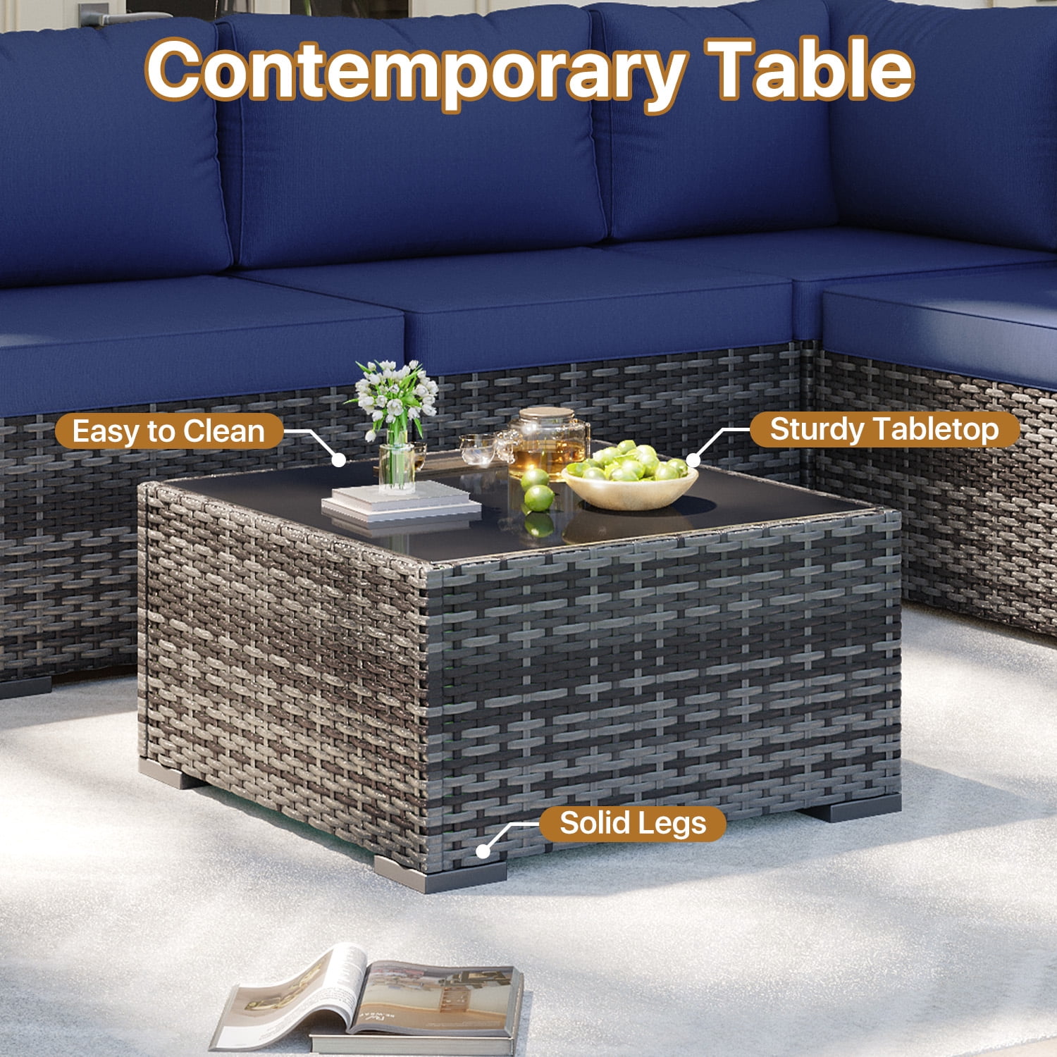BaPiPro 7‑Piece Modular Outdoor Patio Furniture Set, Gray Wicker Sectional Sofa with Thickened Navy Blue Cushions & Coffee Table, All‑Weather for Backyard, Porch, Deck & Balcony