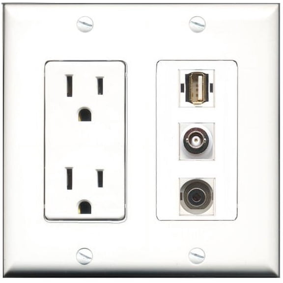 RiteAV - 15 Amp Power Outlet 1 Port USB A-A 1 Port 3.5mm 1 Port BNC Decorative Wall Plate
